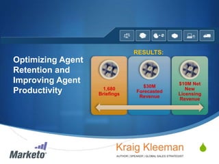 RESULTS:

Optimizing Agent
Retention and
Improving Agent
Productivity

S
© 2013 Marketo, Inc. Marketo Proprietary and Confidential

 
