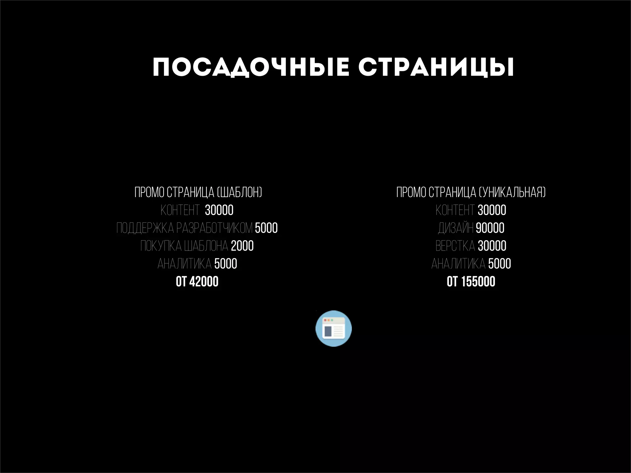 Посадочные страницы
Промо страница (Уникальная)
Контент 30000
Дизайн 90000
Верстка 30000
Аналитика 5000
От 155000
Промо страница (Шаблон)
Контент 30000
Поддержка разработчиком 5000
Покупка шаблона 2000
Аналитика 5000
От 42000
 