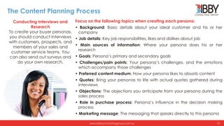 www.bibbyconsultinggroup.com.au
The Content Planning Process
Focus on the following topics when creating each persona:
• B...