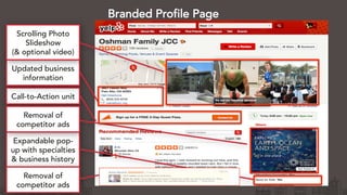 Branded Profile Page
Expandable pop-
up with specialties
 business history
Call-to-Action unit
Updated business
information
Scrolling Photo
Slideshow
( optional video)
Removal of
competitor ads
Removal of
competitor ads
 