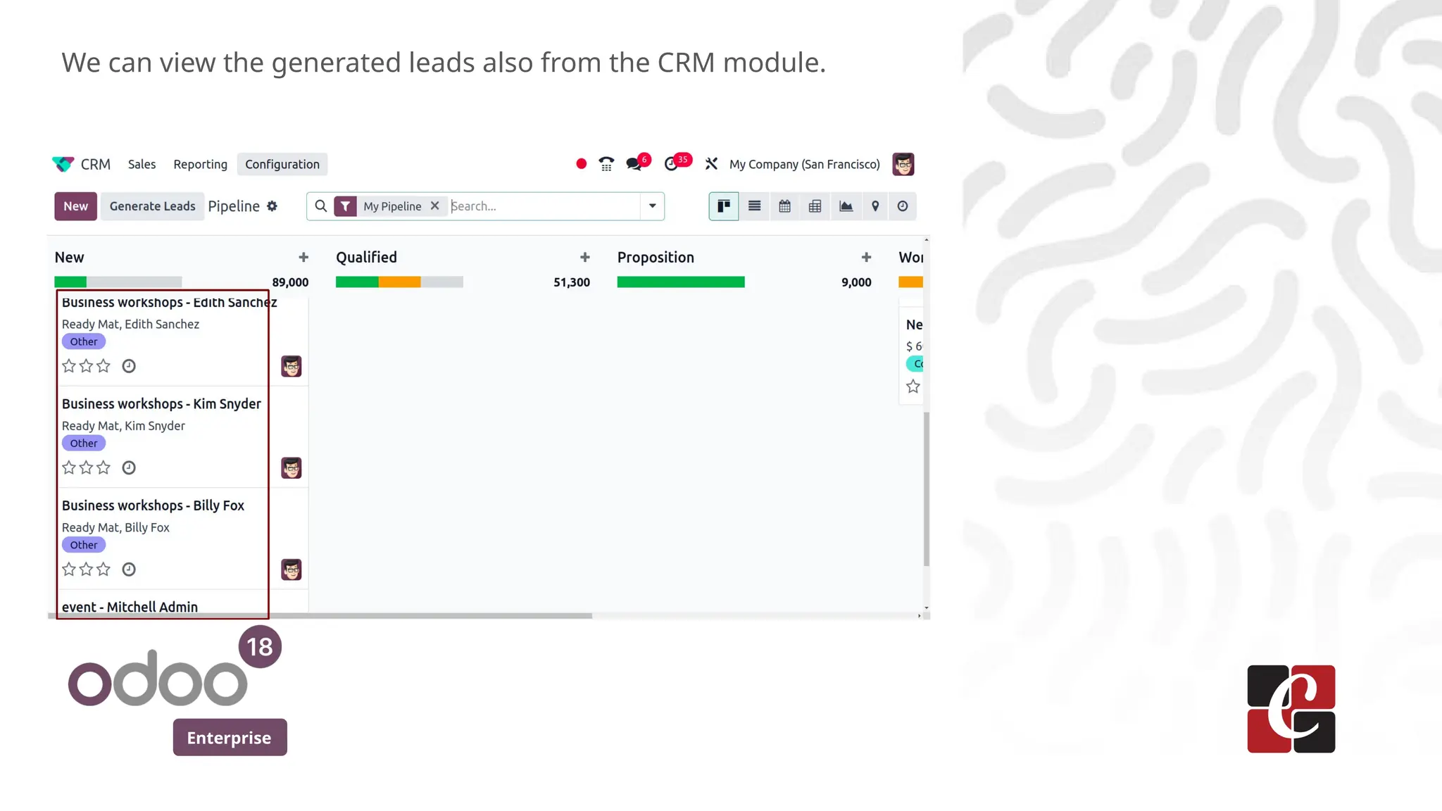 Enterprise
We can view the generated leads also from the CRM module.
 