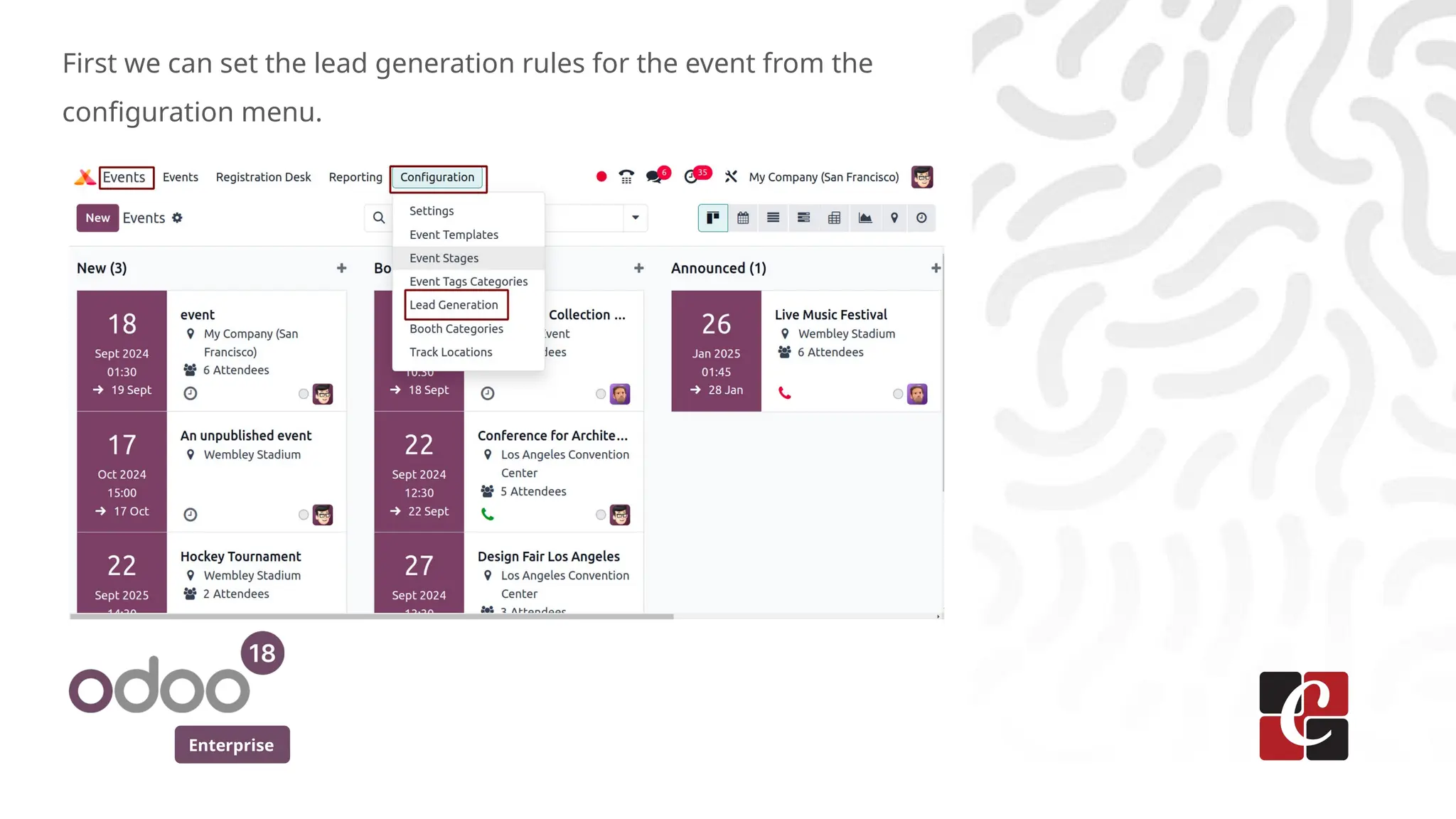 Enterprise
First we can set the lead generation rules for the event from the
configuration menu.
 