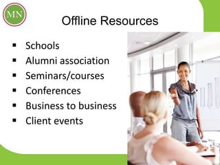 Offline Resources
 Schools
 Alumni association
 Seminars/courses
 Conferences
 Business to business
 Client events
 