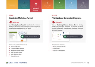 10LEAD GENERATION PLAN
Introduction
2
Plan Your
Strategy
Prospects Touched
# Prospects Who Respond
Marketing Qualified Leads
Sales Accepted Leads
Sales Qualified Leads
Deals & Revenue
Brand Promotion Quality
Lead Quality
Cost Per Channel/Event
Create the Marketing Funnel Prioritize Lead Generation Programs
STEP 1 STEP 2
Action Item Action Item
Use Marketing Funnel Template to calculate the number of
leads you will need in order to meet your revenue targets for
deals sourced by Marketing for this period.
Use our Marketing Channel Ranking Tool to identify
which lead generation programs will provide the most
value for money and justify what to include in your lead
generation strategy.
Stages in the marketing funnel include: This analysis will determine:
V I E W R E S O U R C E
1 3 4 5 6
Understand
Lead Gen
Implement
Technologies
Lead Gen
Programs
Evaluate
Program ROI
Defining What
a “Lead” Is
V I E W R E S O U R C E
 
