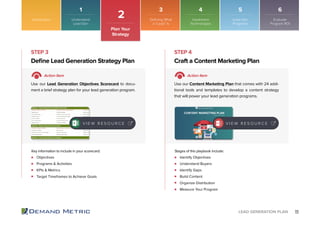 11LEAD GENERATION PLAN
STEP 3 STEP 4
Objectives
Programs & Activities
KPIs & Metrics
Target Timeframes to Achieve Goals
Identify Objectives
Understand Buyers
Identify Gaps
Build Content
Organize Distribution
Measure Your Program
Define Lead Generation Strategy Plan Craft a Content Marketing Plan
Action Item Action Item
Use our Lead Generation Objectives Scorecard to docu-
ment a brief strategy plan for your lead generation program.
Use our Content Marketing Plan that comes with 24 addi-
tional tools and templates to develop a content strategy
that will power your lead generation programs.
Key information to include in your scorecard: Stages of this playbook include:
V I E W R E S O U R C E V I E W R E S O U R C E
Introduction
2
Plan Your
Strategy
1 3 4 5 6
Understand
Lead Gen
Implement
Technologies
Lead Gen
Programs
Evaluate
Program ROI
Defining What
a “Lead” Is
 