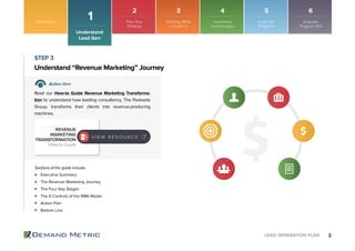 8LEAD GENERATION PLAN
Executive Summary
The Revenue Marketing Journey
The Four Key Stages
The 6 Controls of the RM6 Model
Action Plan
Bottom Line
Understand “Revenue Marketing” Journey
STEP 3
Action Item
Read our How-to Guide Revenue Marketing Transforma-
tion to understand how leading consultancy, The Pedowitz
Group, transforms their clients into revenue-producing
machines.
Sections of the guide include:
REVENUE
MARKETING
TRANSFORMATION
How-to Guide
Introduction
Understand
Lead Gen
1
2 3 4 5 6
Plan Your
Strategy
Implement
Technologies
Lead Gen
Programs
Evaluate
Program ROI
V I E W R E S O U R C E
Defining What
a “Lead” Is
 