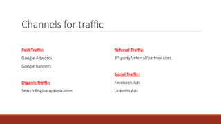 Channels for traffic
Paid Traffic:
Google Adwords
Google banners
Organic Traffic:
Search Engine optimization
Referral Traffic:
3rd party/referral/partner sites.
Social Traffic:
Facebook Ads
LinkedIn Ads
 
