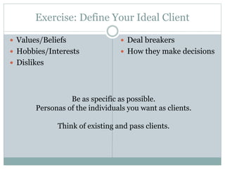 Exercise: Define Your Ideal Client 
 Values/Beliefs 
 Hobbies/Interests 
 Dislikes 
 Deal breakers 
 How they make decisions 
Be as specific as possible. 
Personas of the individuals you want as clients. 
Think of existing and pass clients. 
 