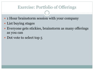 Exercise: Portfolio of Offerings 
 1 Hour brainstorm session with your company 
 List buying stages 
 Everyone gets stickies, brainstorm as many offerings 
as you can 
 Dot vote to select top 5 
 