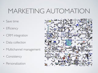 MARKETING AUTOMATION
• Save time
• Efﬁciency
• CRM integration
• Data collection
• Multichannel management
• Consistency
•...