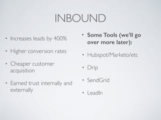 INBOUND
• Increases leads by 400%
• Higher conversion rates
• Cheaper customer
acquisition
• Earned trust internally and
e...