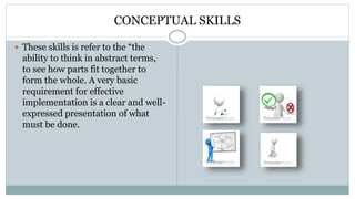 CONCEPTUAL SKILLS
 These skills is refer to the “the
ability to think in abstract terms,
to see how parts fit together to
form the whole. A very basic
requirement for effective
implementation is a clear and well-
expressed presentation of what
must be done.
 
