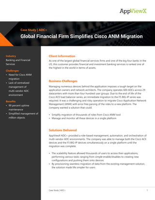 Industry
Banking and Financial
Services
Challenges
• Need for Cisco ANM
migration
• Lack of centralized
management of
multi-vendor ADC
environment
Benefits
• 99 percent uptime
maintenance
• Simplified management of
million objects
As one of the largest global financial services firms and one of the big four banks in the
US, this customer provides financial and investment banking services is ranked one of
the highest in the world in terms of assets.
Client Information
Managing numerous devices behind the application imposes a tough target on the
application owners and network architects. The company operates 600 ADCs across 29
datacenters with more than four hundred user groups. Due to the end of life of the
Cisco ACE load balancer series, an immediate migration to the F5 BIG-IP series was
required. It was a challenging and risky operation to migrate Cisco Application Network
Management (ANM) with error-free parsing of the roles to a new platform. The
company wanted a solution that could.
• Simplify migration of thousands of roles from Cisco ANM tool
• Manage and monitor all these devices in a single platform
Managing numerous devices behind the application imposes a tough target on the
application owners and network architects. The company operates 600 ADCs across 29
datacenters with more than four hundred user groups. Due to the end of life of the
Cisco ACE load balancer series, an immediate migration to the F5 BIG-IP series was
required. It was a challenging and risky operation to migrate Cisco Application Network
Management (ANM) with error-free parsing of the roles to a new platform. The
company wanted a solution that could.
• Simplify migration of thousands of roles from Cisco ANM tool
• Manage and monitor all these devices in a single platform
Business Challenges
AppViewX ADC+ provided a role-based management, automation, and orchestration of
multi-vendor ADC environments. The company was able to manage both the Cisco ACE
devices and the F5 BIG-IP devices simultaneously on a single platform until the
migration was complete.
• The scalability feature allowed thousands of users to access their applications,
performing various tasks ranging from simple enable/disables to creating new
configurations and pushing them onto devices
• By provisioning seamless migration of data from the existing management solution,
the solution made life simpler for users
AppViewX ADC+ provided a role-based management, automation, and orchestration of
multi-vendor ADC environments. The company was able to manage both the Cisco ACE
devices and the F5 BIG-IP devices simultaneously on a single platform until the
migration was complete.
• The scalability feature allowed thousands of users to access their applications,
performing various tasks ranging from simple enable/disables to creating new
configurations and pushing them onto devices
• By provisioning seamless migration of data from the existing management solution,
the solution made life simpler for users
Solutions Delivered
Case Study | ADC+ 1
Case Study | ADC+
Global Financial Firm Simplifies Cisco ANM Migration
 