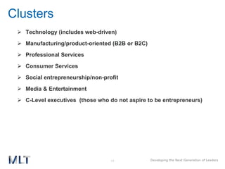 Clusters Technology (includes web-driven) Manufacturing/product-oriented (B2B or B2C) Professional Services Consumer Services Social entrepreneurship/non-profit Media & Entertainment C-Level executives  (those who do not aspire to be entrepreneurs) 