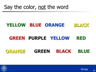 Say the color,  not  the word <ul><li>YELLOW  BLUE ORANGE BLACK </li></ul><ul><li>GREEN PURPLE  YELLOW  RED </li></ul><ul>...