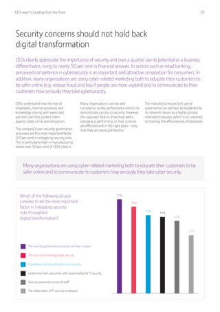 CEO report | Leading from the front  10
37%
36%
34%
33%
32%
28%
The security governance processes we have in place
The security technology/ tools we use
Knowledge sharing with peers and partners
Leadership from executives with responsibility for IT security
Security awareness across all staﬀ
The skills/caliber of IT security employees
Which of the following do you
consider to be the most important
factor in mitigating security
risks throughout
digital transformation?
Many organisations are using cyber-related marketing both to educate their customers to be
safer online and to communicate to customers how seriously they take cyber security.
Security concerns should not hold back
digital transformation
CEOs clearly appreciate the importance of security and over a quarter see its potential as a business
differentiator, rising to nearly 50 per cent in financial services. In sectors such as retail banking,
perceived competence in cybersecurity is an important and attractive proposition for consumers. In
addition, many organisations are using cyber-related marketing both to educate their customers to
be safer online (e.g. reduce fraud and loss if people are more vigilant) and to communicate to their
customers how seriously they take cybersecurity.
CEOs understand how the role of
employees, internal processes and
knowledge sharing with peers and
partners can help protect them
against cyber crime and disruption.
The company’s own security governance
processes are the most important factor
(37 per cent) in mitigating security risks.
This is particularly high in manufacturing
where over 50 per cent of CEOs cited it.
Many organisations use risk and
compliance as key performance metrics to
demonstrate success in security. However,
this approach fails to show how well a
company is performing, or that controls
are effective and in the right place - only
that they are being adhered to. 
The manufacturing sector’s use of
governance can perhaps be explained by
its inherent nature as a highly process
orientated industry, which is accustomed
to tracking the effectiveness of processes.
 