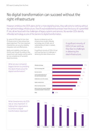 CEO report | Leading from the front  6
64%
59%
55% 53%
49%
31%
28%
Secure Cost eﬀective Reliable Integrated Global Agile Scalable
Lack of technology skills 40%
Inﬂexible technology 43%
Security concerns
37%
Lack of understanding from IT
into what the business needs
39%
Vendor contract lock in 27%
Collaboration across the company 35%
We do not face any company challenges
in providing the ideal IT infrastructure 14%
Other 0.2%
Other investment priorities 22%
No digital transformation can succeed without the
right infrastructure
However ambitious the CEO’s plans are for a more digital business, they will come to nothing without
the right technology infrastructure. Few (if any) established businesses have the luxury of a greenfield
IT site; all are faced with the challenges of legacy systems and services. No wonder CEOs identify
inflexible technology as one of the barriers to digital transformation.
So, what do CEOs look for from their
IT infrastructure to help achieve their
digital objectives? The most important
characteristics are security, reliability,
integration and cost effectiveness.
Agility and scalability come lower on
the list, even though the ability to flex,
respond and scale rapidly could be said to
be core competences of successful
digital businesses.
Barriers to delivering such an
infrastructure include: inflexible
technology, lack of skills, lack of
understanding of what is needed,
and security.
A significant minority of CEOs (14 per
cent) say they face no challenges in
delivering the ideal infrastructure.
What are your company’s
biggest barriers to providing
the ideal infrastructure for
digital transformation?
What characteristics do CEOs
rate as ‘very important’ in
helping their organisations
to achieve its digital
transformation objectives?
A significant minority of
CEOs (14 per cent) say
they face no challenges
in delivering the
ideal infrastructure.
 