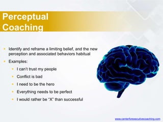 Perceptual
Coaching
 Identify and reframe a limiting belief, and the new
perception and associated behaviors habitual
 Examples:
 I can’t trust my people
 Conflict is bad
 I need to be the hero
 Everything needs to be perfect
 I would rather be “X” than successful
www.centerforexecutivecoaching.com
 