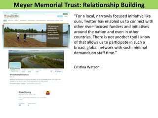 Meyer 
Memorial 
Trust: 
Rela>onship 
Building 
“For 
a 
local, 
narrowly 
focused 
iniFaFve 
like 
ours, 
Twi*er 
has 
enabled 
us 
to 
connect 
with 
other 
river-­‐focused 
funders 
and 
iniFaFves 
around 
the 
naFon 
and 
even 
in 
other 
countries. 
There 
is 
not 
another 
tool 
I 
know 
of 
that 
allows 
us 
to 
parFcipate 
in 
such 
a 
broad, 
global 
network 
with 
such 
minimal 
demands 
on 
staff 
Fme.” 
CrisFna 
Watson 
 