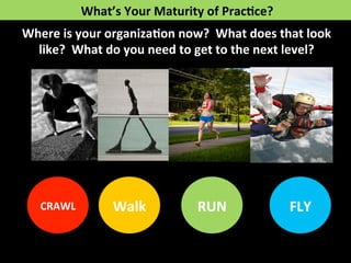 What’s 
Your 
Maturity 
of 
Prac>ce? 
Where 
is 
your 
organiza>on 
now? 
What 
does 
that 
look 
like? 
What 
do 
you 
need 
to 
get 
to 
the 
next 
level? 
CRAWL 
Walk 
RUN 
FLY 
 