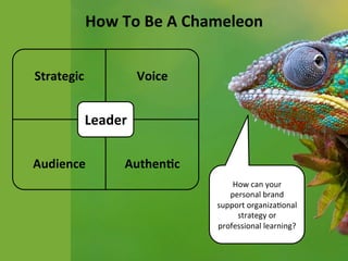 How 
To 
Be 
A 
Chameleon 
Strategic 
Voice 
Leader 
Audience 
Authen>c 
How 
can 
your 
personal 
brand 
support 
organizaFonal 
strategy 
or 
professional 
learning? 
 
