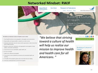 58 
Networked 
Mindset: 
RWJF 
“We 
believe 
that 
striving 
toward 
a 
culture 
of 
health 
will 
help 
us 
realize 
our 
mission 
to 
improve 
health 
and 
health 
care 
for 
all 
Americans. 
” 
 