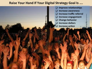 Raise 
Your 
Hand 
If 
Your 
Digital 
Strategy 
Goal 
Is 
…. 
q Improve 
rela>onships 
q Increase 
awareness 
q Increase 
traffic 
referral 
q Increase 
engagement 
q Change 
behavior 
q Increase 
dollars 
q Increase 
ac>on 
 