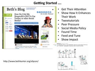 Genng 
Started 
…. 
• Get 
Their 
A*enFon 
• Show 
How 
It 
Enhances 
Their 
Work 
• Tweetutorials 
• Peer 
Pressure 
• Social 
Media 
Policy 
• Found 
Time 
• Feed 
and 
Tune 
• Show 
Impact 
h*p://www.bethkanter.org/afpcon/ 
 