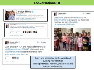 Conversa>onalist 
Open 
and 
accessible 
to 
the 
world 
and 
building 
relaFonships 
Making 
interests, 
hobbies, 
passions 
visible 
creates 
authenFcity 
 