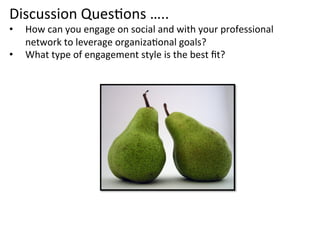 Discussion 
QuesFons 
….. 
• How 
can 
you 
engage 
on 
social 
and 
with 
your 
professional 
network 
to 
leverage 
organizaFonal 
goals? 
• What 
type 
of 
engagement 
style 
is 
the 
best 
fit? 
 