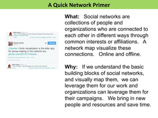 A 
Quick 
Network 
Primer 
What: Social networks are 
collections of people and 
organizations who are connected to 
each other in different ways through 
common interests or affiliations. A 
network map visualize these 
connections. Online and offline. 
Why: If we understand the basic 
building blocks of social networks, 
and visually map them, we can 
leverage them for our work and 
organizations can leverage them for 
their campaigns. We bring in new 
people and resources and save time. 
 