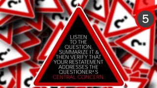 LISTEN
TO THE
QUESTION,
SUMMARIZE IT &
THEN VERIFY THAT
YOUR RESTATEMENT
ADDRESSES THE
QUESTIONER’S
CENTRAL CONCERN.
5
 