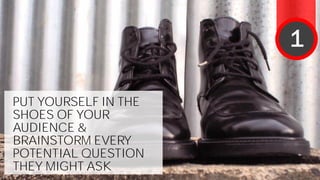 PUT YOURSELF IN THE
SHOES OF YOUR
AUDIENCE &
BRAINSTORM EVERY
POTENTIAL QUESTION
THEY MIGHT ASK
1
 