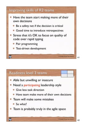 © Copyright Mountain Goat Software®
®
Improving skills of R2 teams
Have the team start making more of their
own decisions
Be a safety net if the decision is critical
Good time to introduce retrospectives
Stress that it’s OK to focus on quality of
code over rapid typing
Pair programming
Test-driven development
© Copyright Mountain Goat Software®
®
Readiness level 3 teams
Able but unwilling or insecure
Need a participating leadership style
Give less task direction
Have team make more of their own decisions
Team will make some mistakes
So what?
Team is probably truly in the agile space
41
42
 