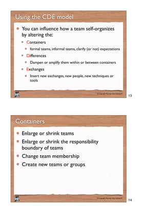 © Copyright Mountain Goat Software®
®
Using the CDE model
by altering the:
Containers
formal teams, informal teams, clarify (or not) expectations
Differences
Dampen or amplify them within or between containers
Exchanges
Insert new exchanges, new people, new techniques or
tools
© Copyright Mountain Goat Software®
®
Containers
Enlarge or shrink teams
Enlarge or shrink the responsibility
boundary of teams
Change team membership
Create new teams or groups
13
14
 