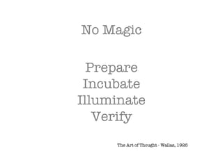 No Magic Prepare Incubate Illuminate Verify The Art of Thought - Wallas, 1926 