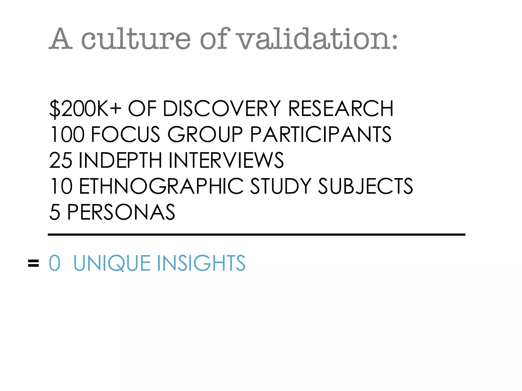 A culture of validation: $200K+ OF DISCOVERY RESEARCH 100 FOCUS GROUP PARTICIPANTS 25 INDEPTH INTERVIEWS 10 ETHNOGRAPHIC STUDY SUBJECTS 5 PERSONAS   = 0  UNIQUE INSIGHTS   