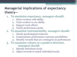 Managerial implications of expectancy
theory—
1. To maximize expectancy, managers should:
1. Select workers with ability.
2. Train workers to use ability.
3. Support work efforts.
4. Clarify performance goals.
2. To maximize instrumentality, managers should:
1. Clarify psychological contracts.
2. Communicate performance-outcome possibilities.
3. Identify rewards that are contingent on performance
3. To maximize valence in a positive direction,
managers should:
1. Identify individual needs.
2. Adjust rewards to match individual needs.
 