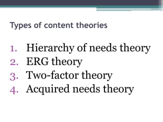 Types of content theories
1. Hierarchy of needs theory
2. ERG theory
3. Two-factor theory
4. Acquired needs theory
 