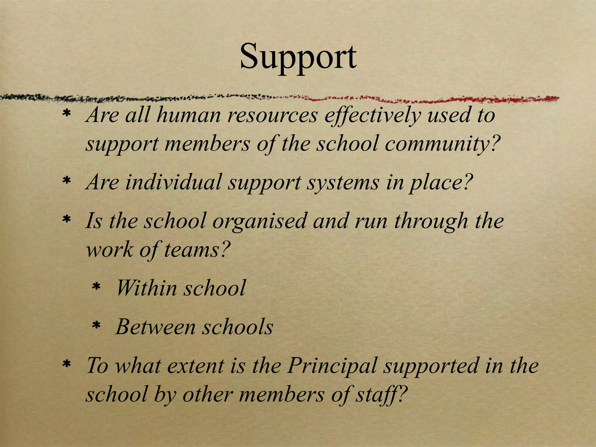 Support
Are all human resources effectively used to
support members of the school community?
Are individual support systems in place?
Is the school organised and run through the
work of teams?
   Within school
   Between schools
To what extent is the Principal supported in the
school by other members of staff?
 