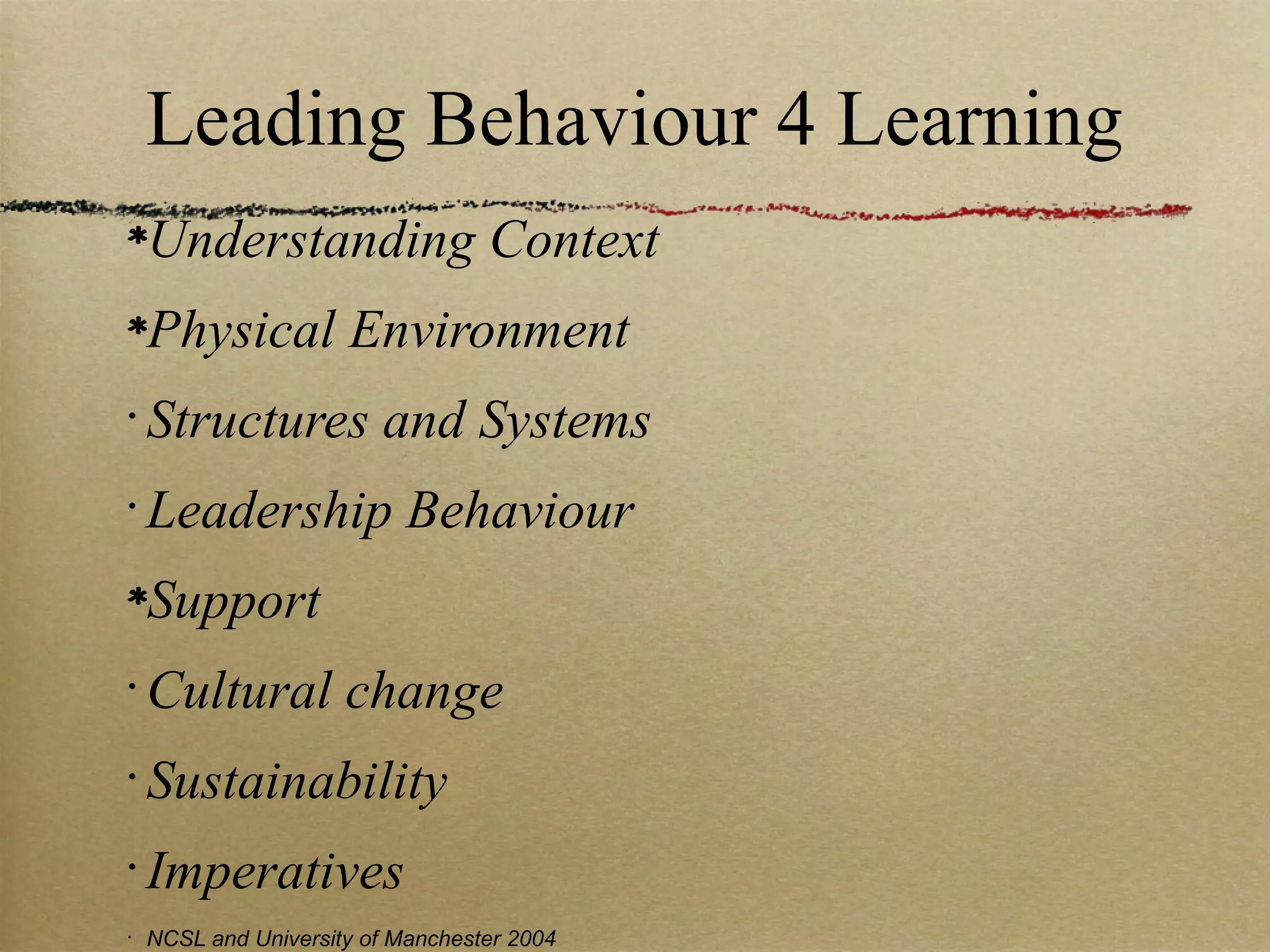 Leading Behaviour 4 Learning
    Understanding Context
    Physical Environment
•
    Structures and Systems
•
    Leadership Behaviour
    Support
•
    Cultural change
•
    Sustainability
•
    Imperatives
•
    NCSL and University of Manchester 2004
 