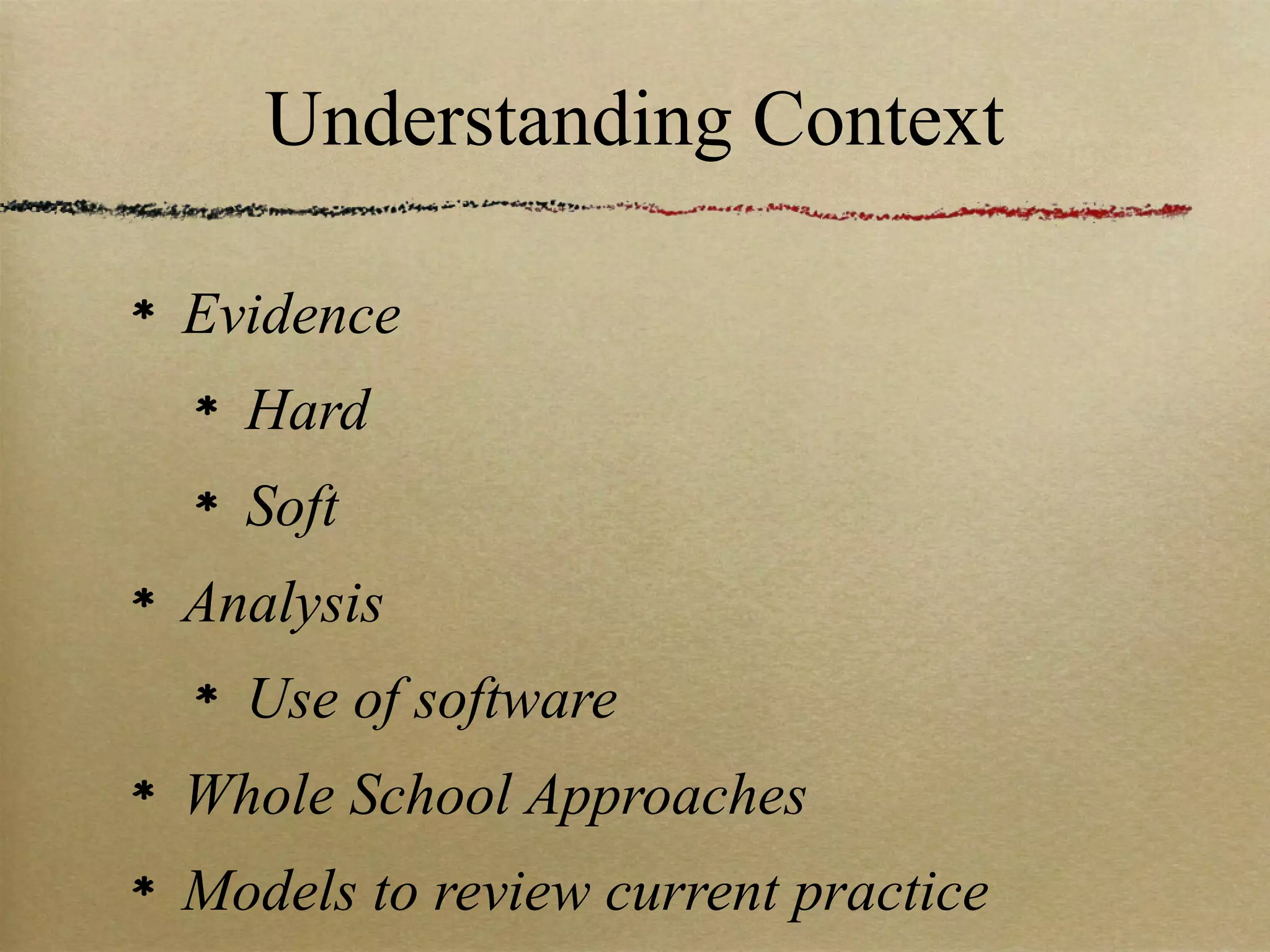 Understanding Context

Evidence
  Hard
  Soft
Analysis
  Use of software
Whole School Approaches
Models to review current practice
 