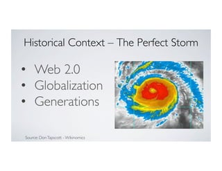 Historical Context – The Perfect Storm	


•  Web 2.0	

•  Globalization	

•  Generations	

Source: Don Tapscott - Wikinomics	


 