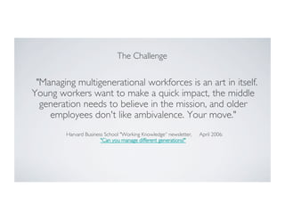 The Challenge	

	

Managing

	


multigenerational workforces is an art in itself.
Young workers want to make a quick impact, the middle
generation needs to believe in the mission, and older
employees don't like ambivalence. Your move. 	

	

 	


	

	

Harvard Business School Working Knowledge“ newsletter, 	

	

 April 2006:
Can you manage different generations?	


 