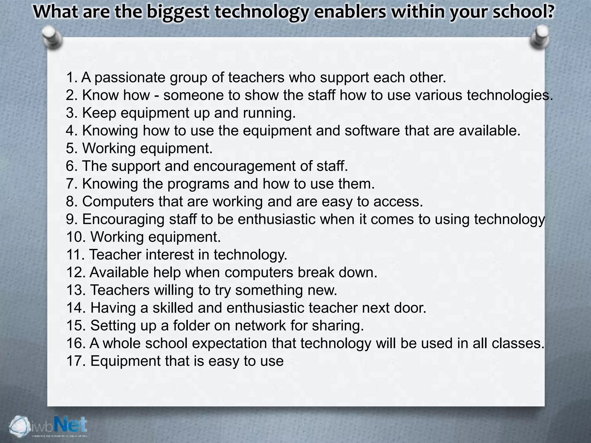 1. A passionate group of teachers who support each other.
2. Know how - someone to show the staff how to use various technologies.
3. Keep equipment up and running.
4. Knowing how to use the equipment and software that are available.
5. Working equipment.
6. The support and encouragement of staff.
7. Knowing the programs and how to use them.
8. Computers that are working and are easy to access.
9. Encouraging staff to be enthusiastic when it comes to using technology
10. Working equipment.
11. Teacher interest in technology.
12. Available help when computers break down.
13. Teachers willing to try something new.
14. Having a skilled and enthusiastic teacher next door.
15. Setting up a folder on network for sharing.
16. A whole school expectation that technology will be used in all classes.
17. Equipment that is easy to use
What are the biggest technology enablers within your school?
 