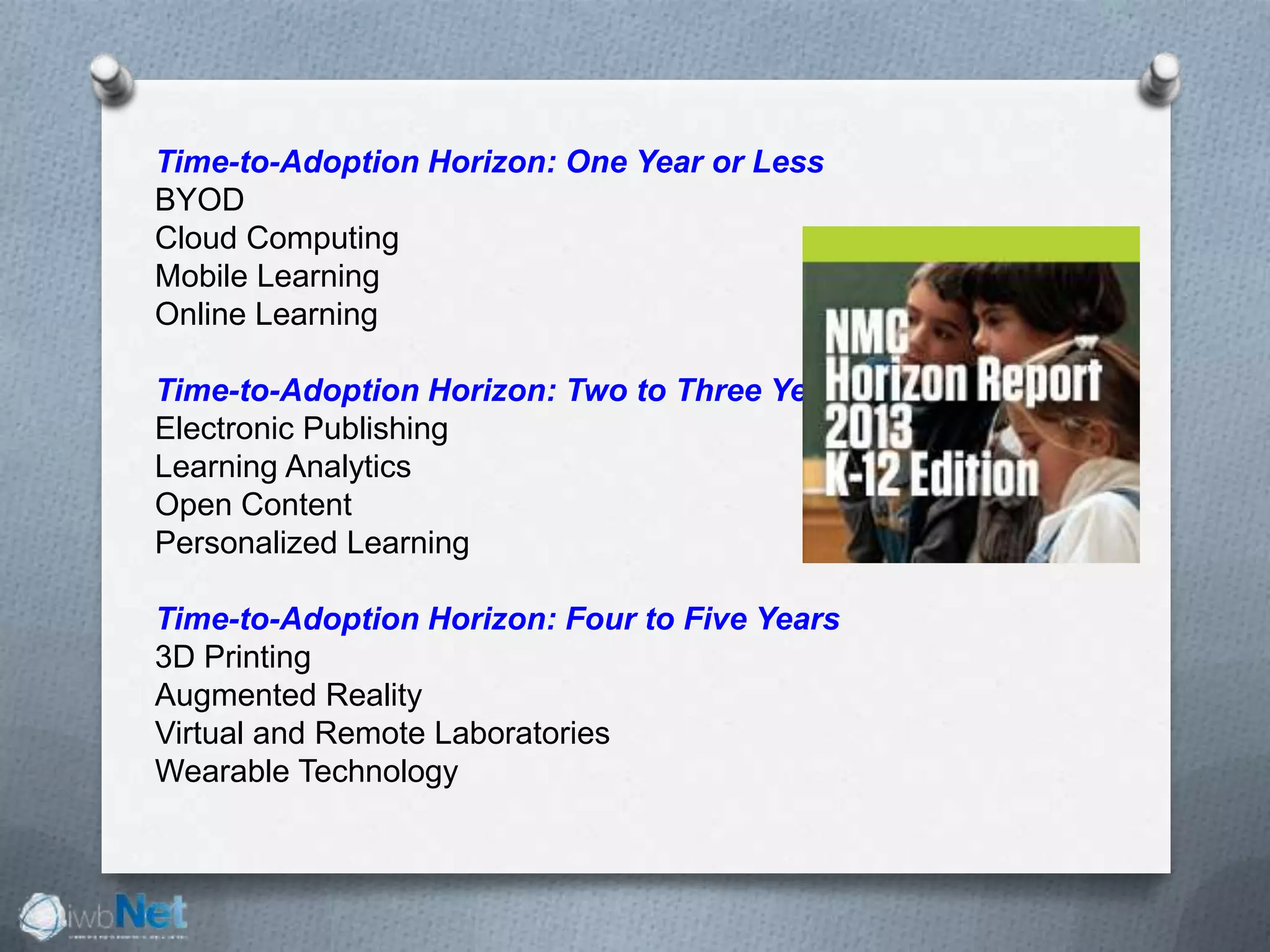 Time-to-Adoption Horizon: One Year or Less
BYOD
Cloud Computing
Mobile Learning
Online Learning
Time-to-Adoption Horizon: Two to Three Years
Electronic Publishing
Learning Analytics
Open Content
Personalized Learning
Time-to-Adoption Horizon: Four to Five Years
3D Printing
Augmented Reality
Virtual and Remote Laboratories
Wearable Technology
 