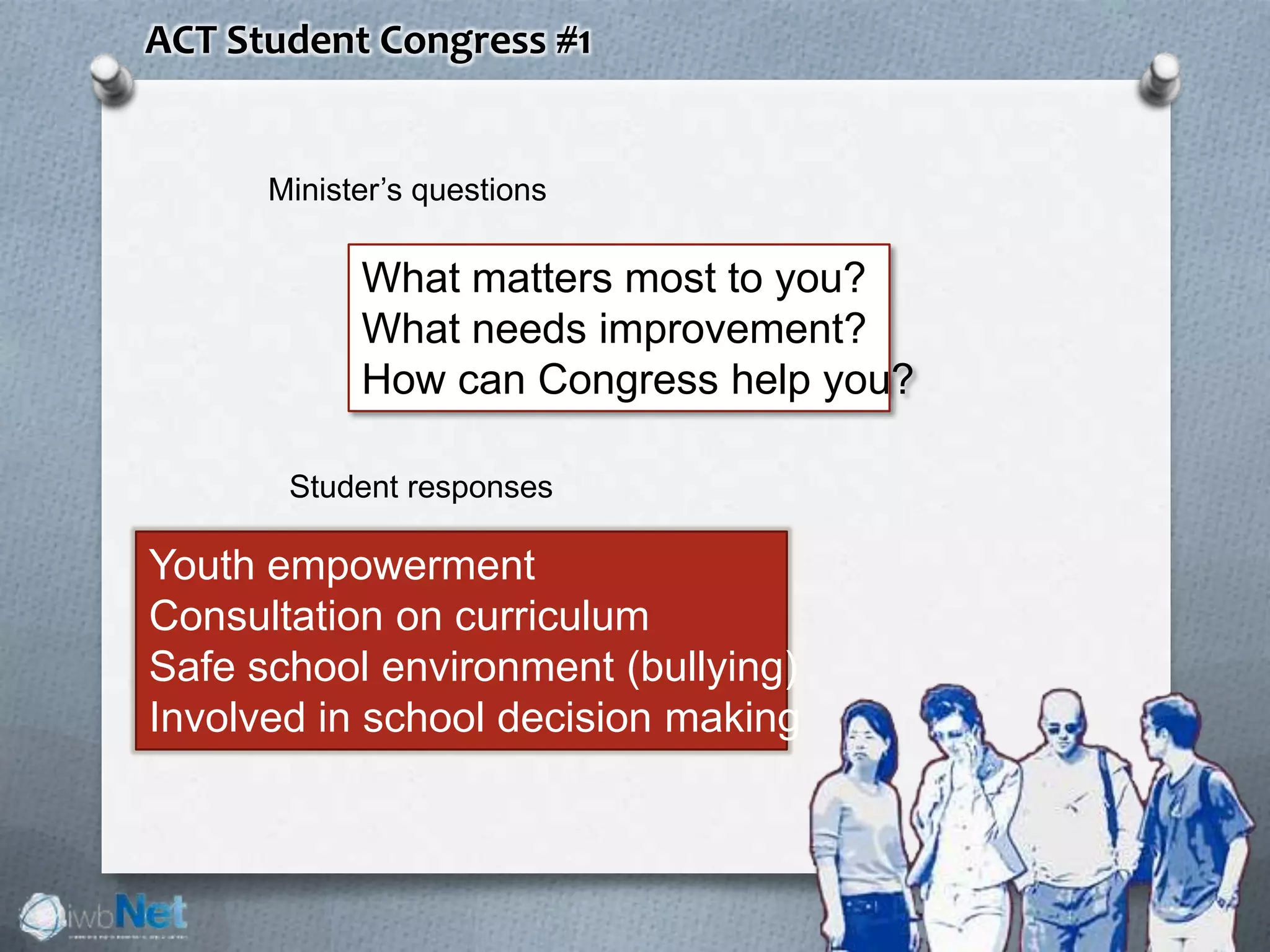 ACT Student Congress #1
What matters most to you?
What needs improvement?
How can Congress help you?
Youth empowerment
Consultation on curriculum
Safe school environment (bullying)
Involved in school decision making
Minister’s questions
Student responses
 