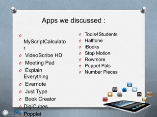 Apps we discussed :
O
MyScriptCalculato
r
O VideoScribe HD
O Meeting Pad
O Explain
Everything
O Evernote
O Just Type
O Book Creator
O DigiCubes
O Popplet
O Tools4Students
O Halftone
O iBooks
O Stop Motion
O Rowmore
O Puppet Pals
O Number Pieces
 