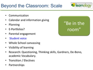 Beyond the Classroom: Scale Communication Calendar and information giving Planning E-Portfolios? Parental engagement Student voice Whole School canvassing Visibility of learning Research: Questioning, Thinking skills, Gardners, De-Bono, academic Vocabulary. Transition / Electives Partnerships  “ Be in the room” 