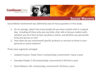 Social Mavens
Social	
  Media	
  Involvement	
  was	
  deﬁned	
  by	
  two	
  of	
  many	
  ques'ons	
  in	
  this	
  stud...